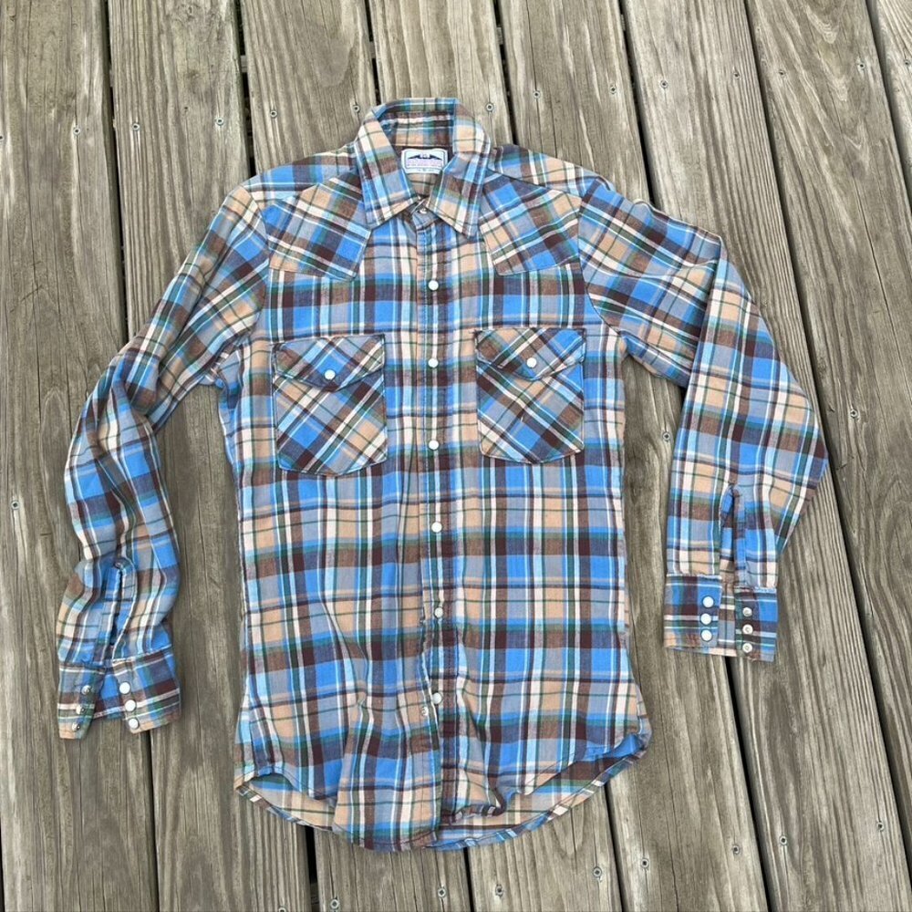 ** Vintage 1970s Five Brother Mens Pearl Snap Flannel Shirt Plaid Small